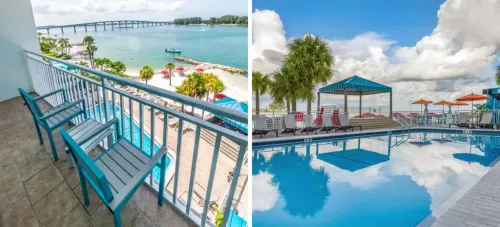 Balcony overlooking the beach and ocean from Winter the Dolphin's Beach Club (left) and pool area (right)